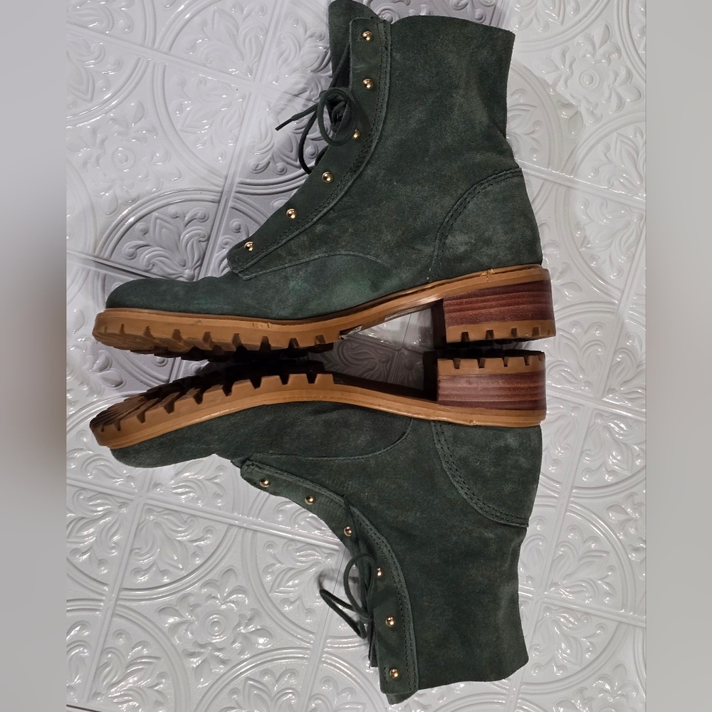 Schutz Green Suede Women's Combat Moto Boots - Picture 7 of 13